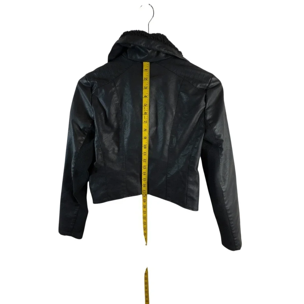 Baccini Black Faux Leather Moto Jacket Cropped Sherpa Collar Asym‎ Zip Womens S